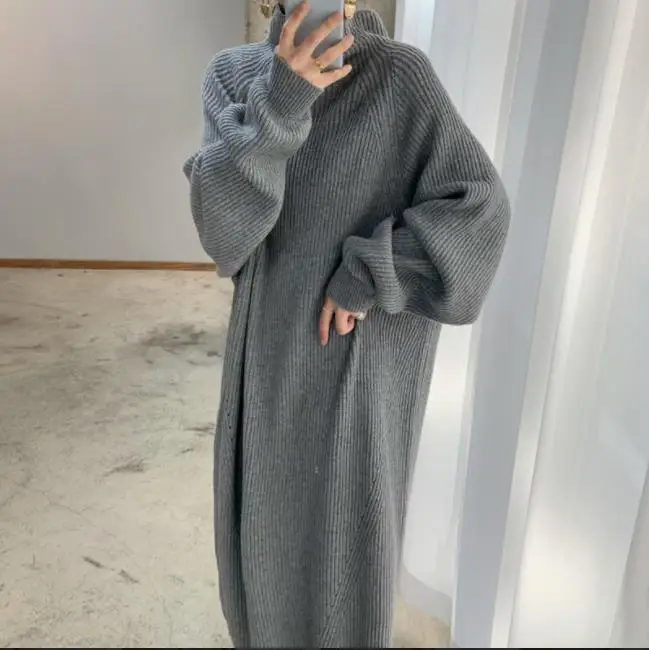 Long Sleeve Knitted Dress Korean Chic Autumn Winter High Neck Dress Female Ribbing Loose Casual Solid Color Sweater Dress