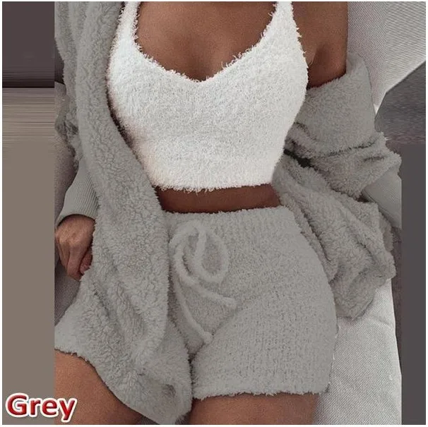 Fashion Women Spring Pajamas Women Sleepwear Sets Solid Plush Hooded Robe + Vest + Shorts 3pcs Nighty Sexy Pajama