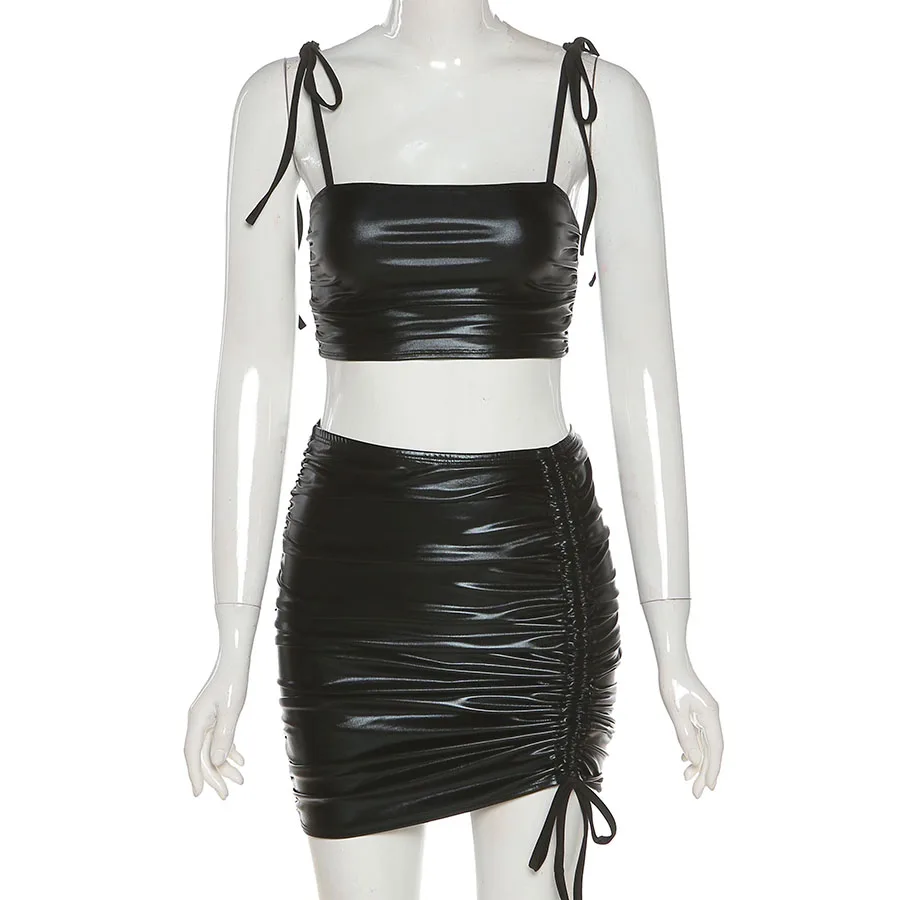 Nibber K21S00725 2021 New Arrivals Wrinkled Leathered Womens 2 Pieces Sets Streetwear Miniskirt Set Factory Wholesale Customized