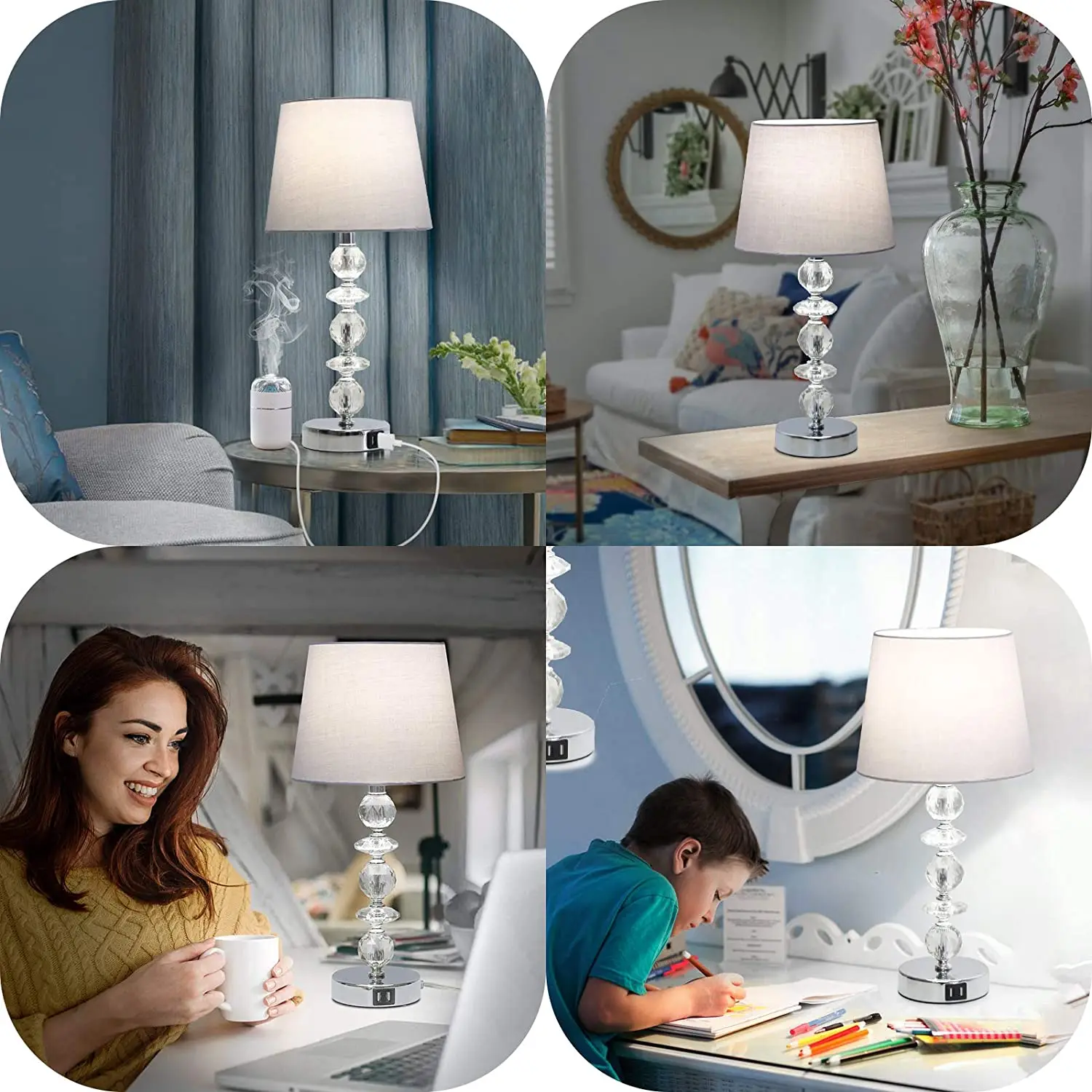 Touch Control Crystal Table Lamp with Dual USB Ports Modern Bedside Light Gray