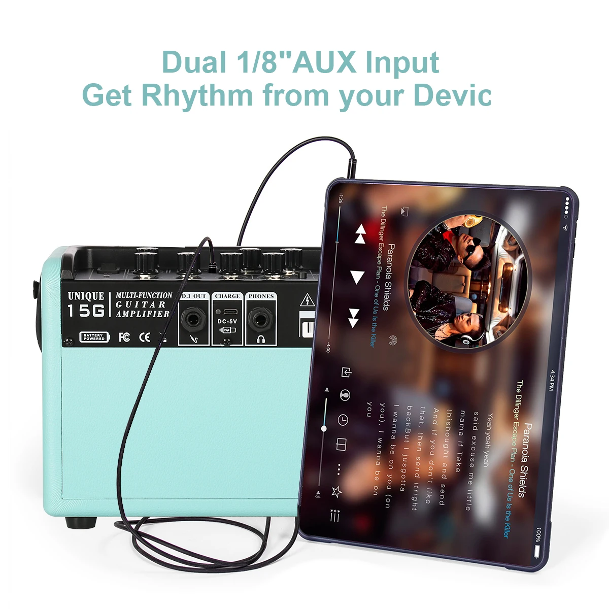 15W Rechargeable Busking Amplifier Electric Guitar Amplifier Combo Lithium Battery Wireless Connect Mic Input with Reverb 6.35mm