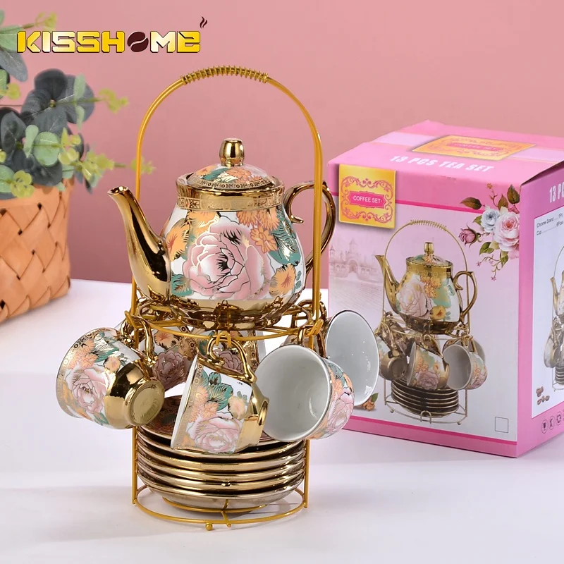 Coffee Tea Sets European Style Luxury Espresso Accessories Ceramic Cafe Cup Colorful Flower 100ML Gold Plated Tea Coffee Set