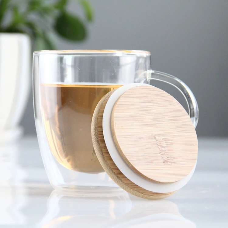 Hot Sellers Product High Borosilicate 350ml Drinking Glasses Double Wall Glass Mug with Bamboo Lid and handle