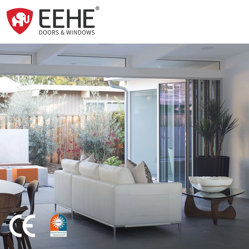 Aluminum design glass grille door Foshan manufacturers wood grain color automatic sliding folding door with eehe