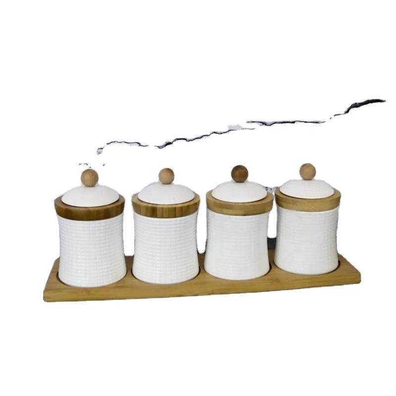 Wholesale Ceramic Condiment Jar Spice Salt Container With Bamboo Lid & Tray Porcelain