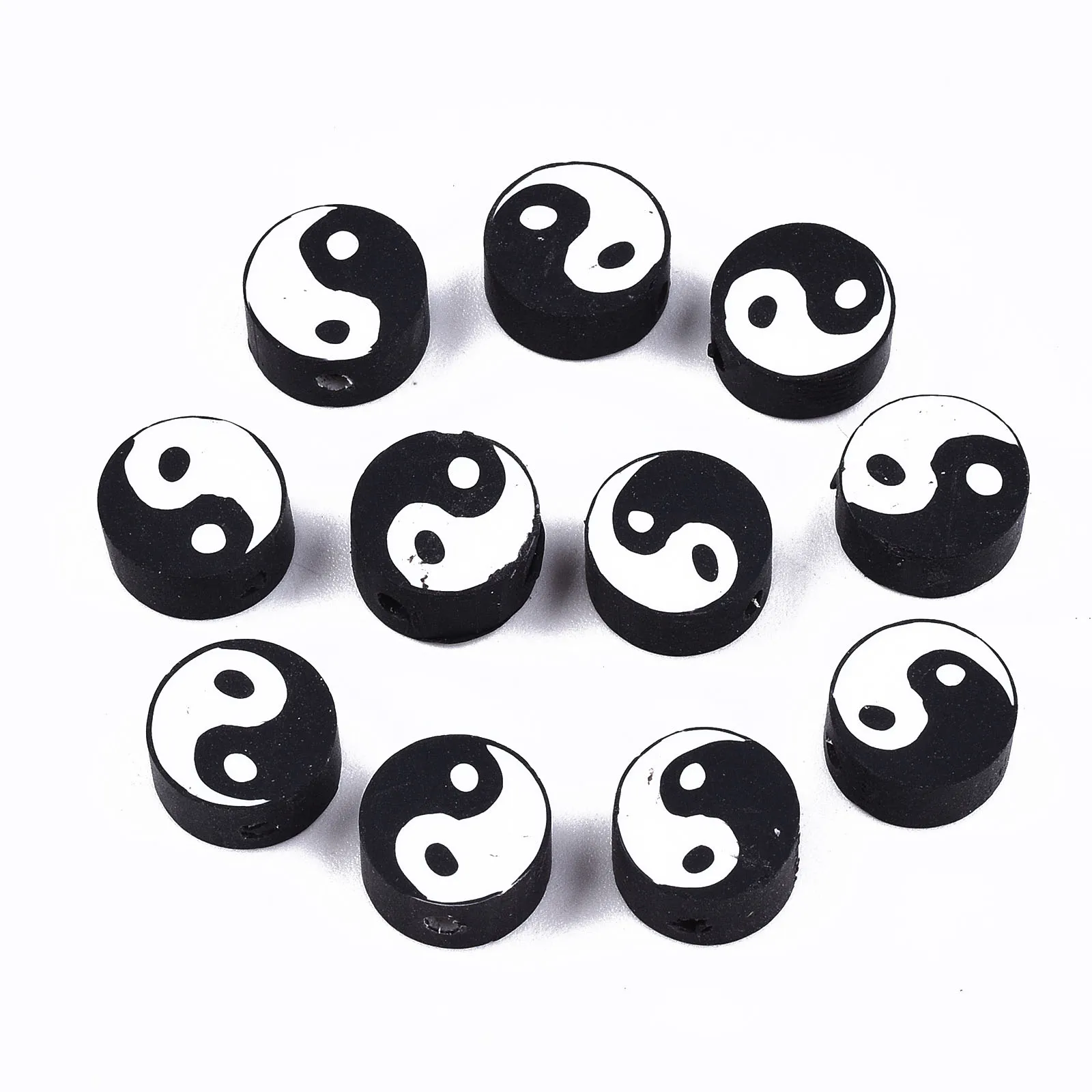 Pandahall Black Handmade Flat Round with Yin Yang Polymer Clay Beads