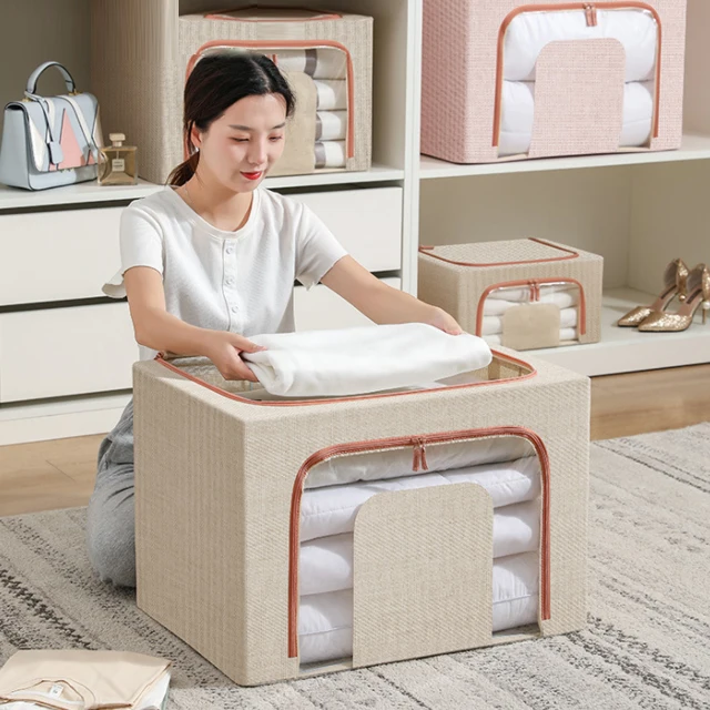 JILEN- Large capacity clothes quilt storage box, high-grade linen transparent window with zipper storage box