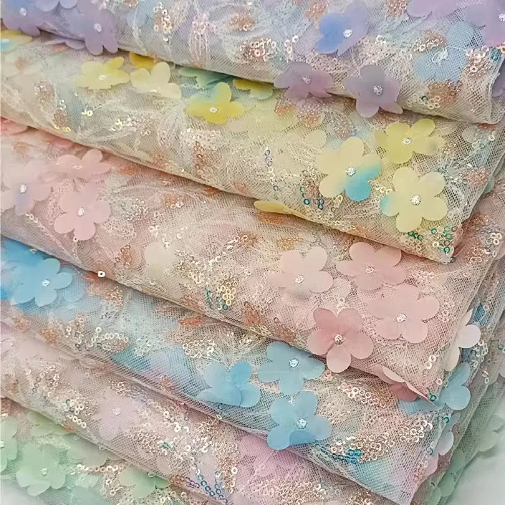 Factory Price Multicolor 3D Flowers Embroidered Tulle Lace Fabric with Sequin Embroidery Tulle Fabric for Clothing
