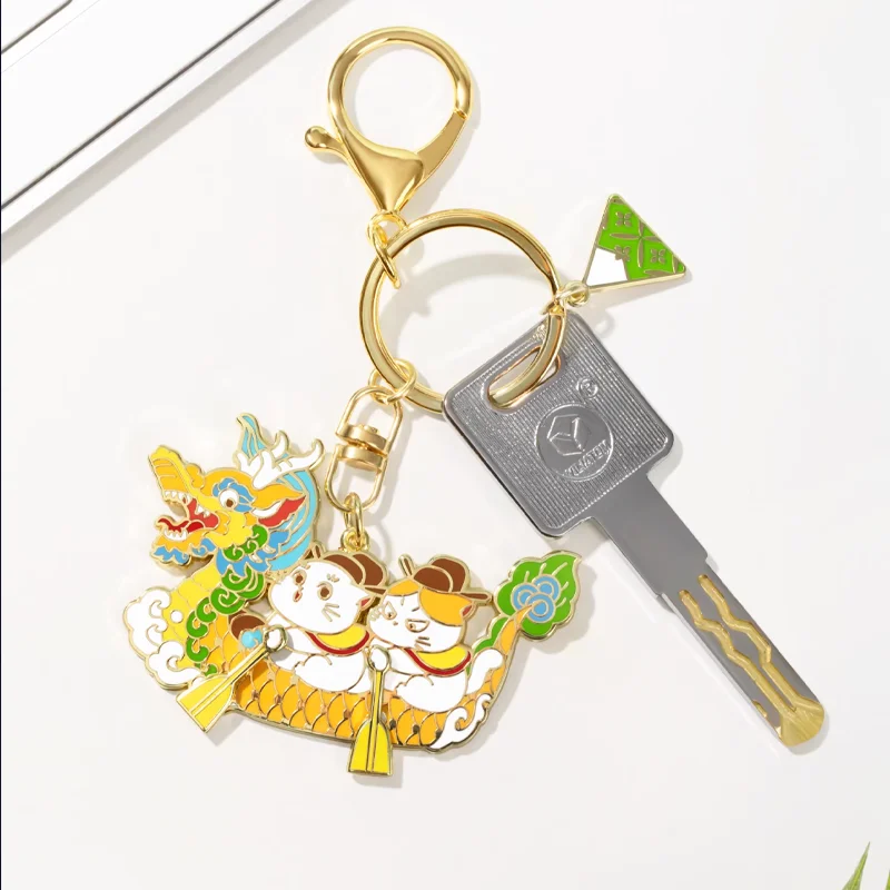 Custom Cute Traditional  Cat Dragon Boat Keychain Gold Metal Key Chain