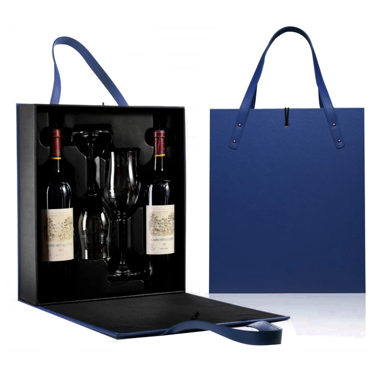 Pu Leather Wine Carry Case Double Glass Bottle Packaging Boxes Wine Gift Bags With 2 Clear Wine Glasses