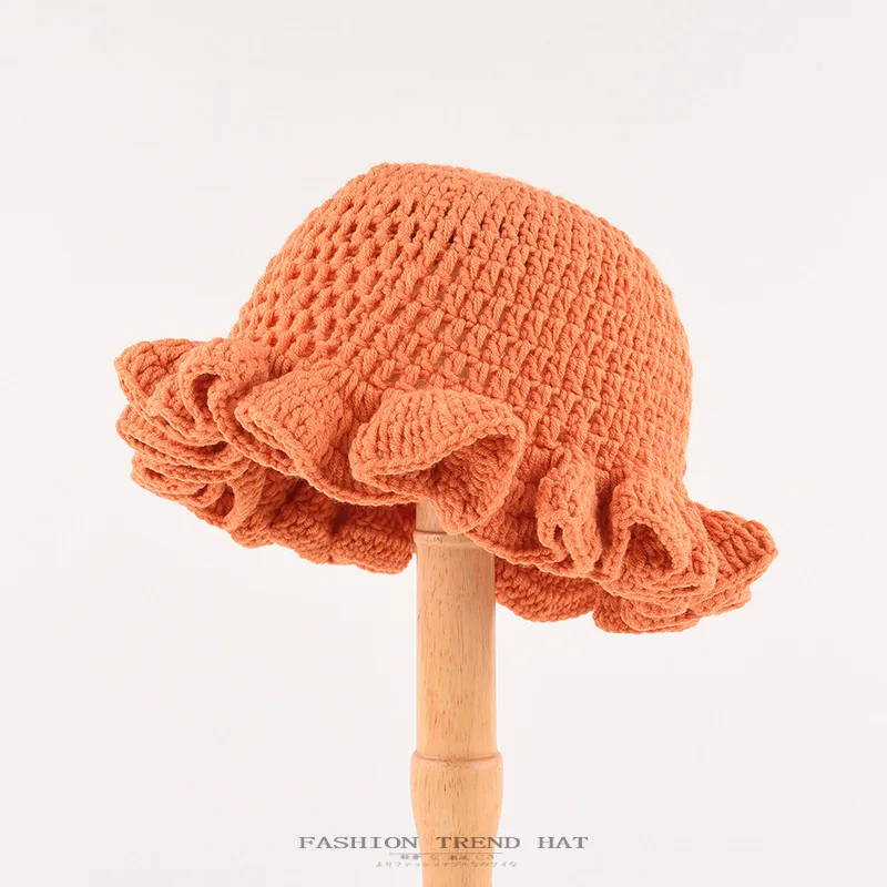 Wholesale Women Winter Flower Ruffled Crochet Hat Handmade Bucket Hat Crochet Knitted Hat For Women
