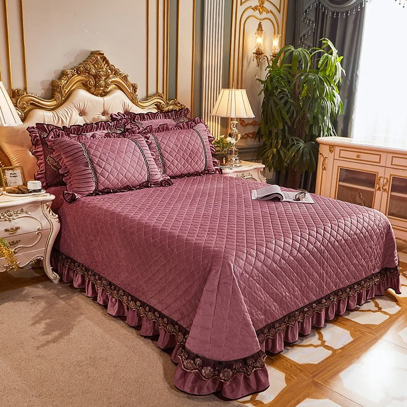 Custom European style crystal velvet lace bed skirt winter warm quilted bedspread bed skirt