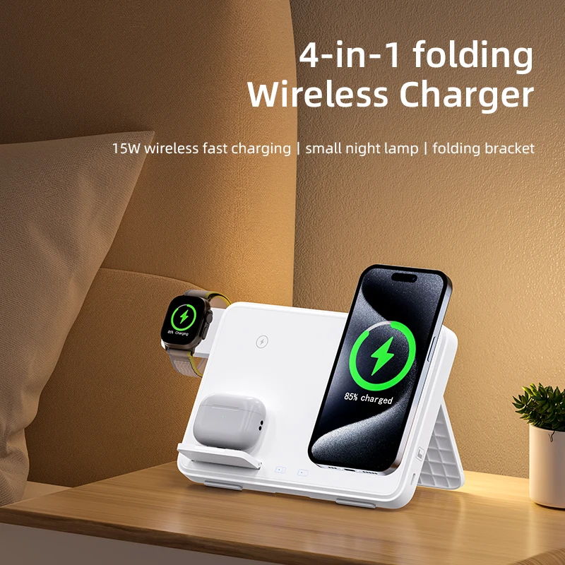 Best Selling 15W Night Lamp Multifunctional Watch Station Custom Mobile Phone Stand 4 in 1 Folding Wireless Charger Bracket Logo