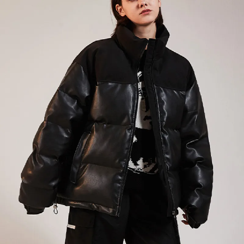 Autumn Winter Warm Unisex Thick Waterproof Stand Collar Leather Down Hooded Padded Women patchwork down puffer jacket