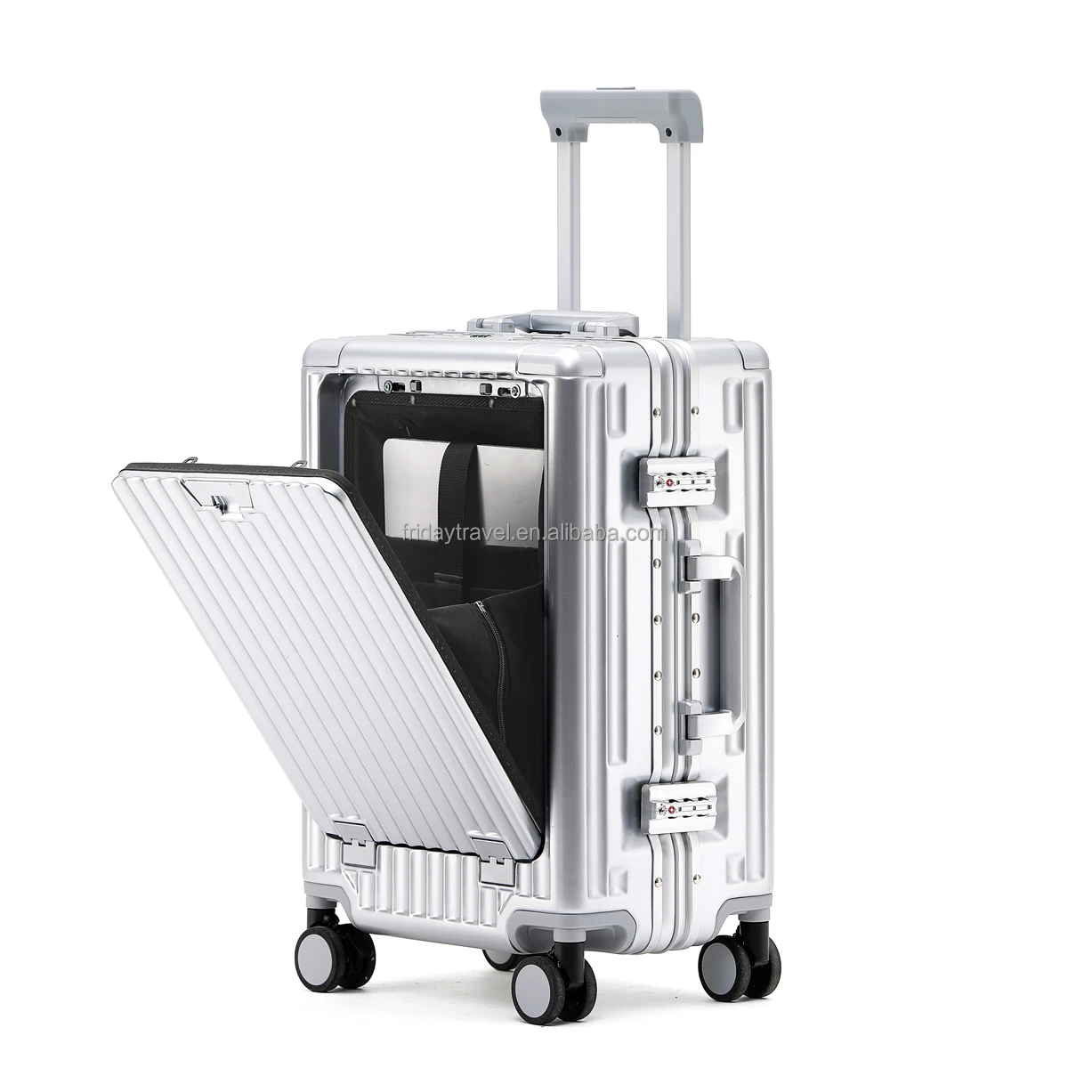 Unisex Multifunctional ABS+PC Luggage Front Open Aluminum Frame Spinner Caster Frosted Compartment Trolley Suitcase