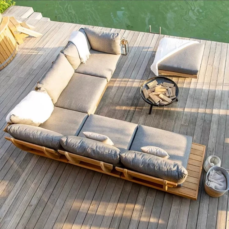 Modern Teak Wood Furniture with Cushions Sofa Set Outdoor Garden Patio Hotel Sectional Outdoor Sofa