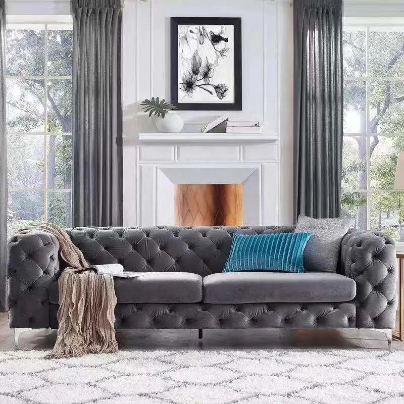 Modern Velvet Chesterfield Sofa Tufted Back Living Room Sofas