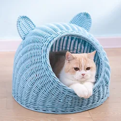 Wholesale Cute Pet Product Cages Houses Summer Washable Eco Friendly PE Rattan Cat Houses Bed