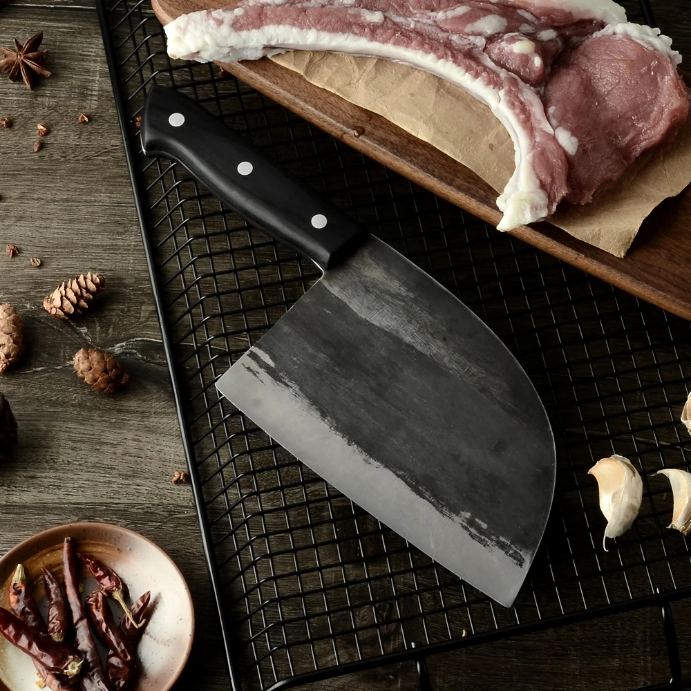 
Qing Full Tang Knife Kitchen Professional Carbon Steel Powerful Heavy Chopper Hand Forged Broad Butcher Knife for Heavy Duty 