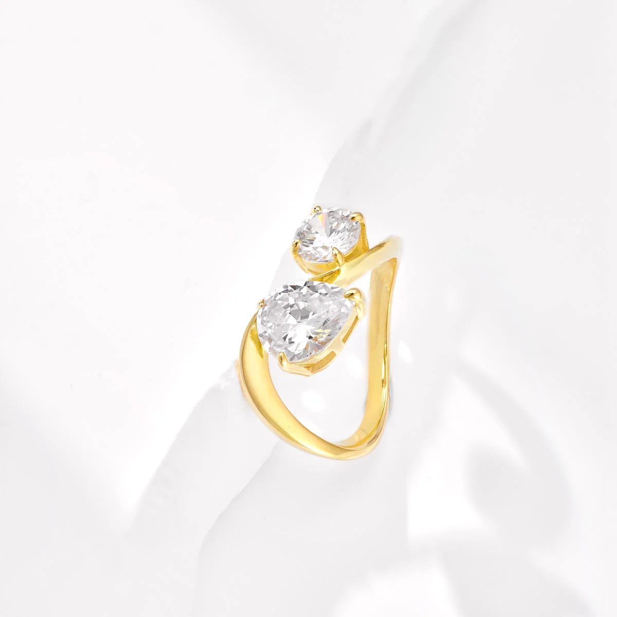 Solid S925 Silver 18K Gold Plated Curve Round & Pear Two Stone Engagement Ring