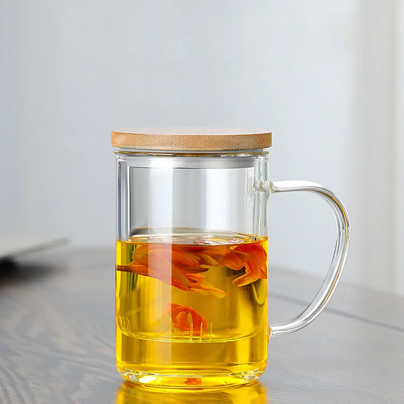 39Years Factory High Borosilicate Glass Heat Resistant Glass Tea Cup With Glass Infuser And Bamboo Lid