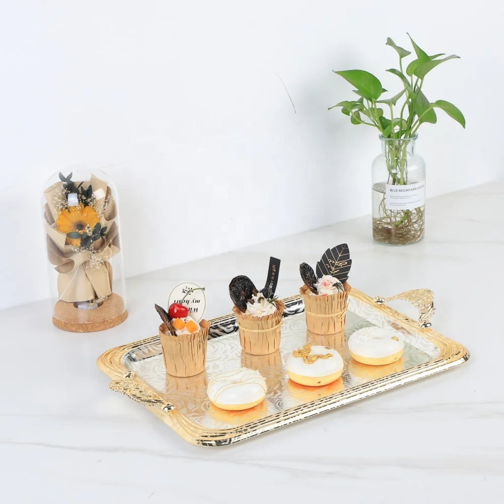 Decorative Coffee Table Home Decor Tray, Bar Metal Serving Tray, Gold Silver Turkish Tea Coffee Serving Tray Handles