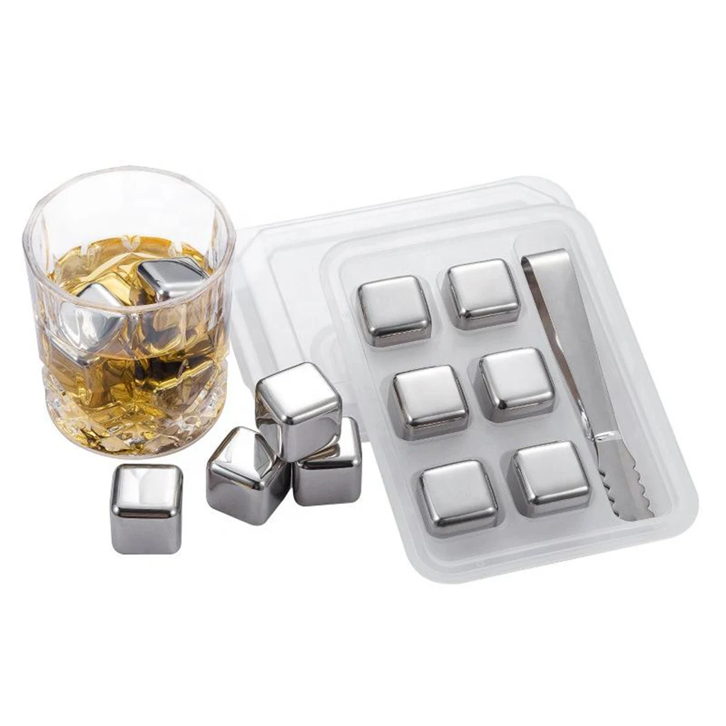 Top seller hot bar accessories cheap custom 6pcs chilling wine whisky stones stainless steel metal reusable ice cubes with tong