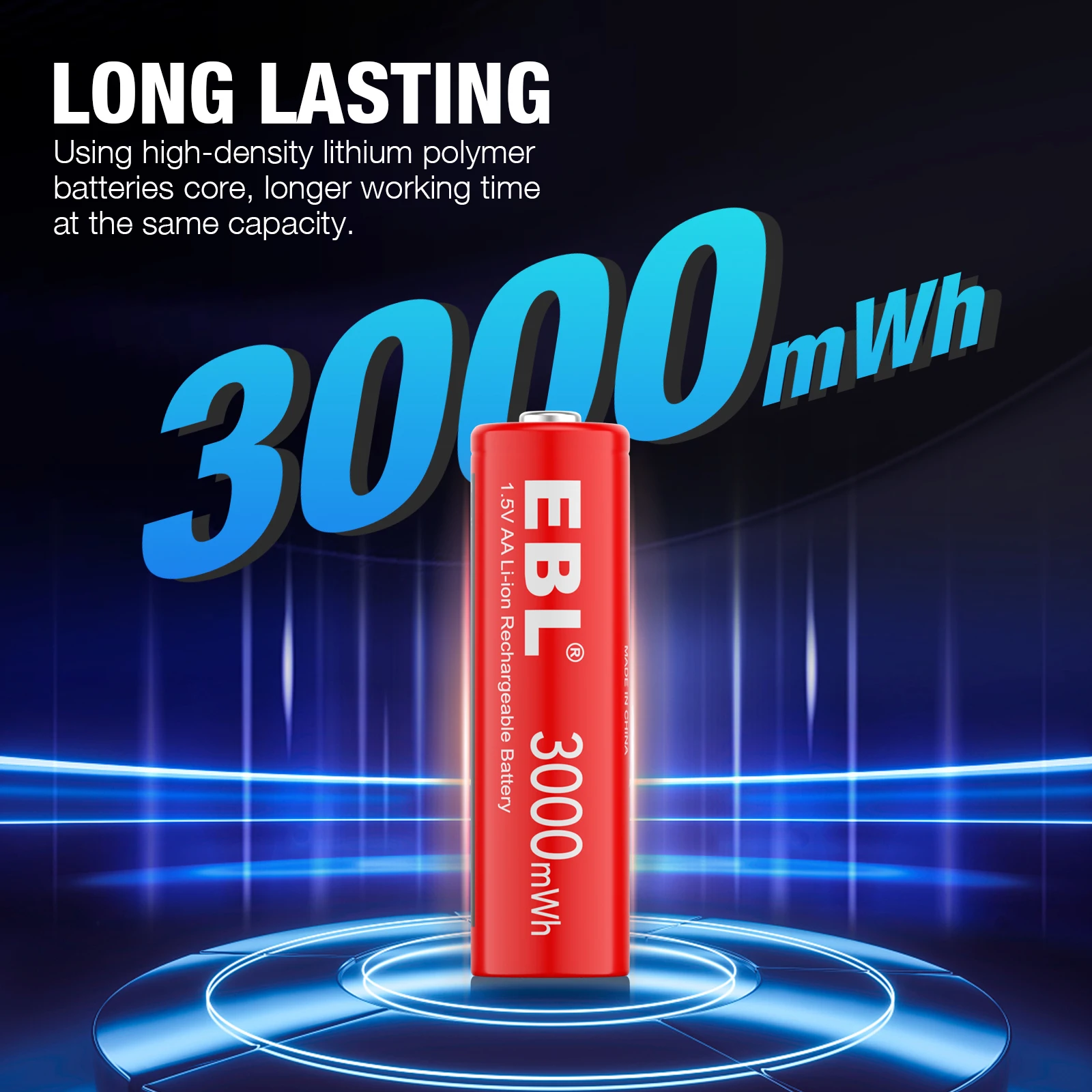 EBL High Performance 3000mAh 1.5V Portable AA Li-ion Rechargeable Lithium ion Battery 4 Pack Batteries
