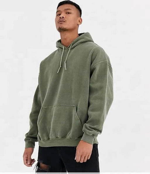 High-quality Wholesale Custom Logo Embroidery Printed kangaroo pockets retro oversized hoodies in green overdyed