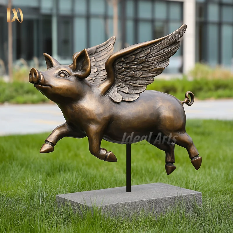 Garden Lawn Brass Bronze Copper Metal Flying Pig Statue Animal Pig Sculpture