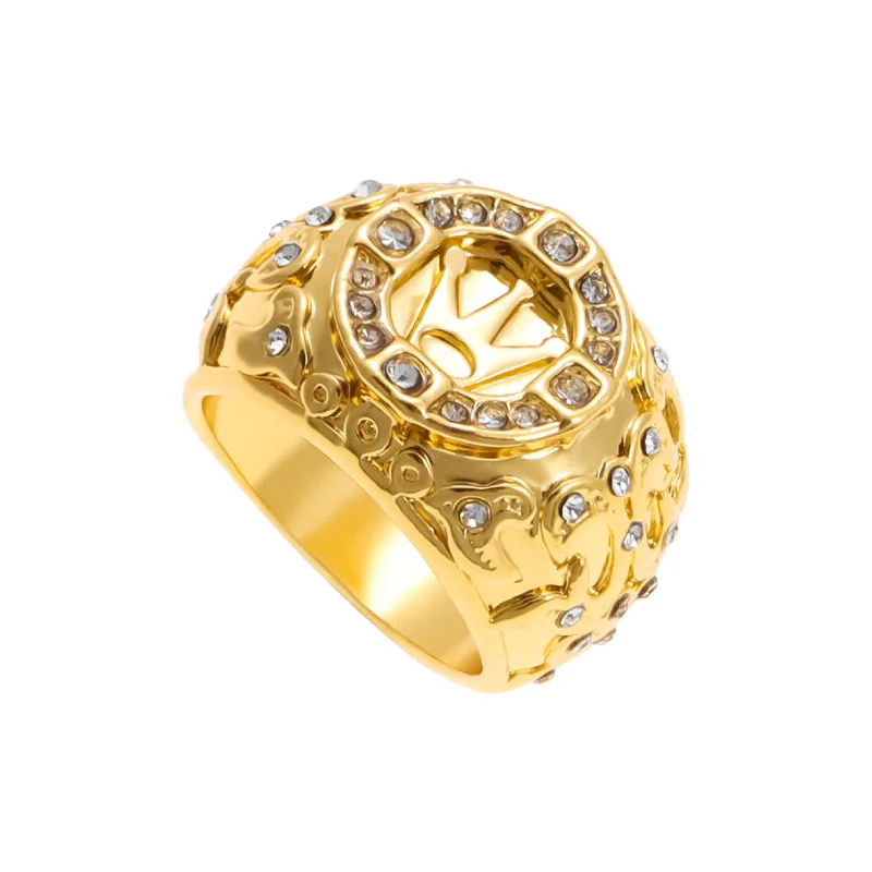 Explosive 18-karat gold plated crown ring with vintage engraving full diamond ring Christmas gift for men