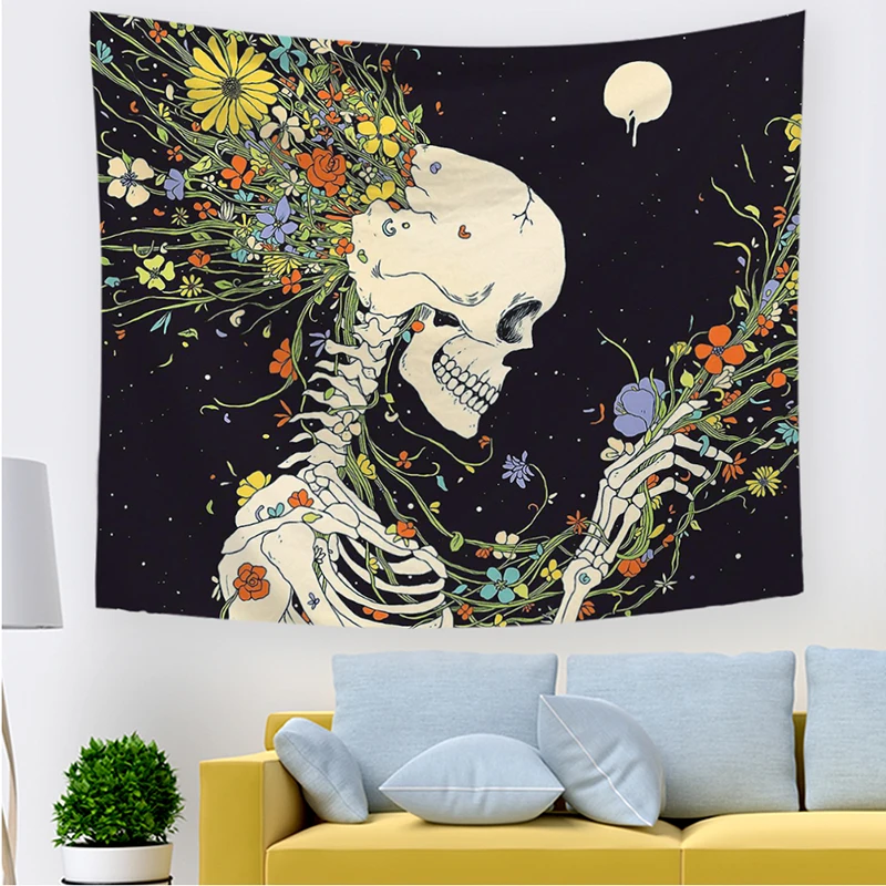 Monad Hippie Skull Printed Tapestry Wall Hanging Human Skeleton Art Tapestries for Room Decoration