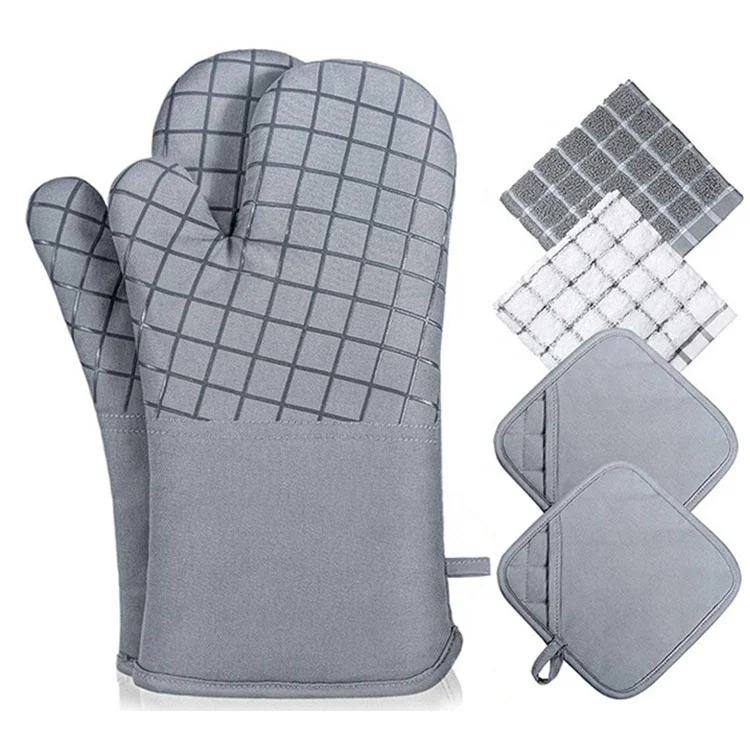 6PK Non-Slip Silicone Oven Mitts and Pot Holders Sets High Heat Resistant Oven Mitts Kitchen Towels Thick Cotton Oven Gloves