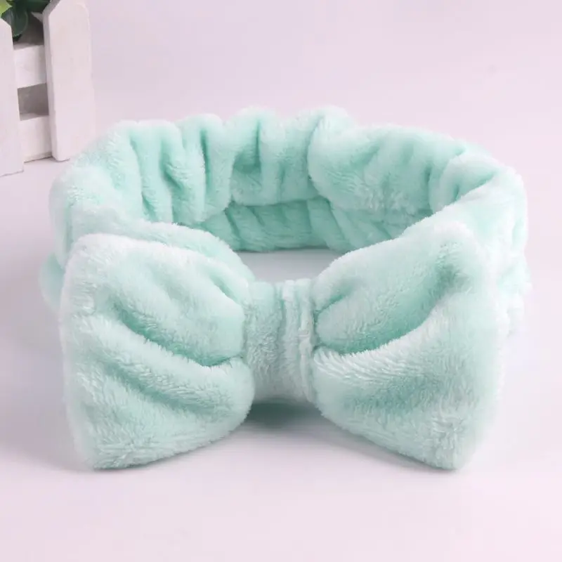 Customized Solid Color Fluffy Elastic Princess Bow Headbands For Washing Face