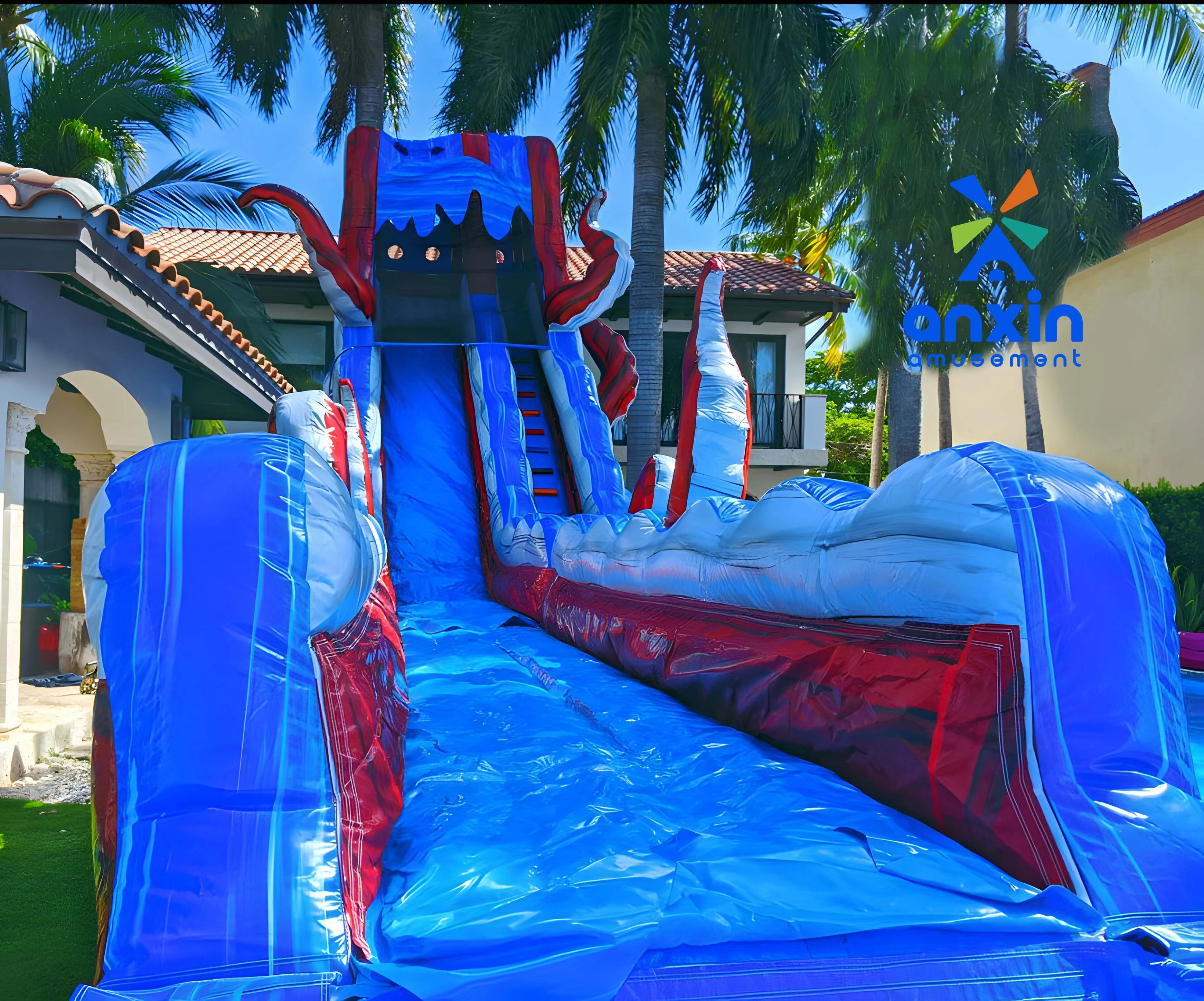 Large inflatable water slide red and blue color octopus shape Chinese manufacturers made cheap hot selling style party amusement