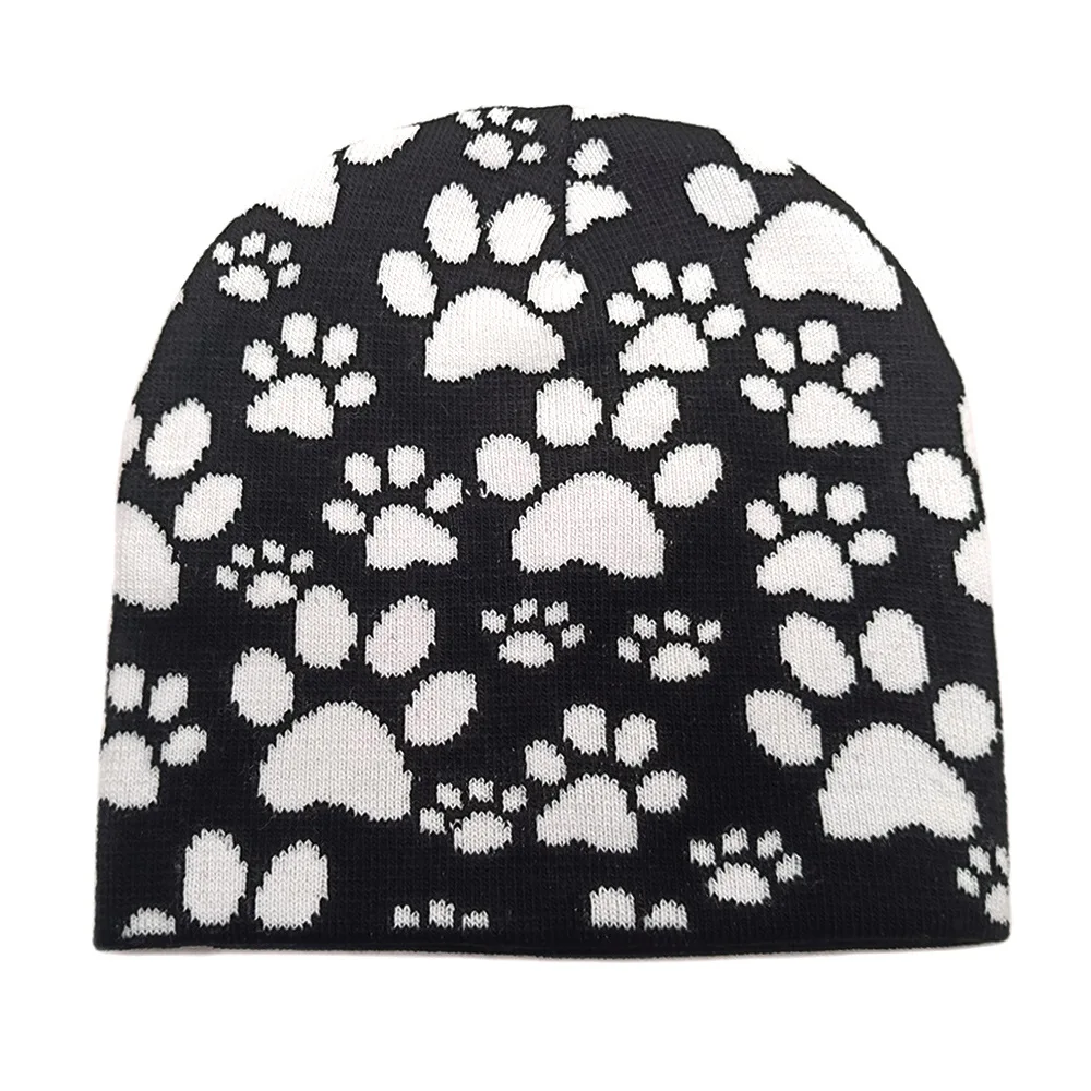 Cute Dog Paws Beanie Winter Warm Beanies Women Men Casual Skullies Outdoor Black Warm Knit Print Beanies
