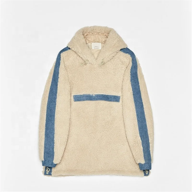 2021 OEM wholesale faux front pouch pocket fleece jackets mens denim stripe hooded sherpa borg jacket