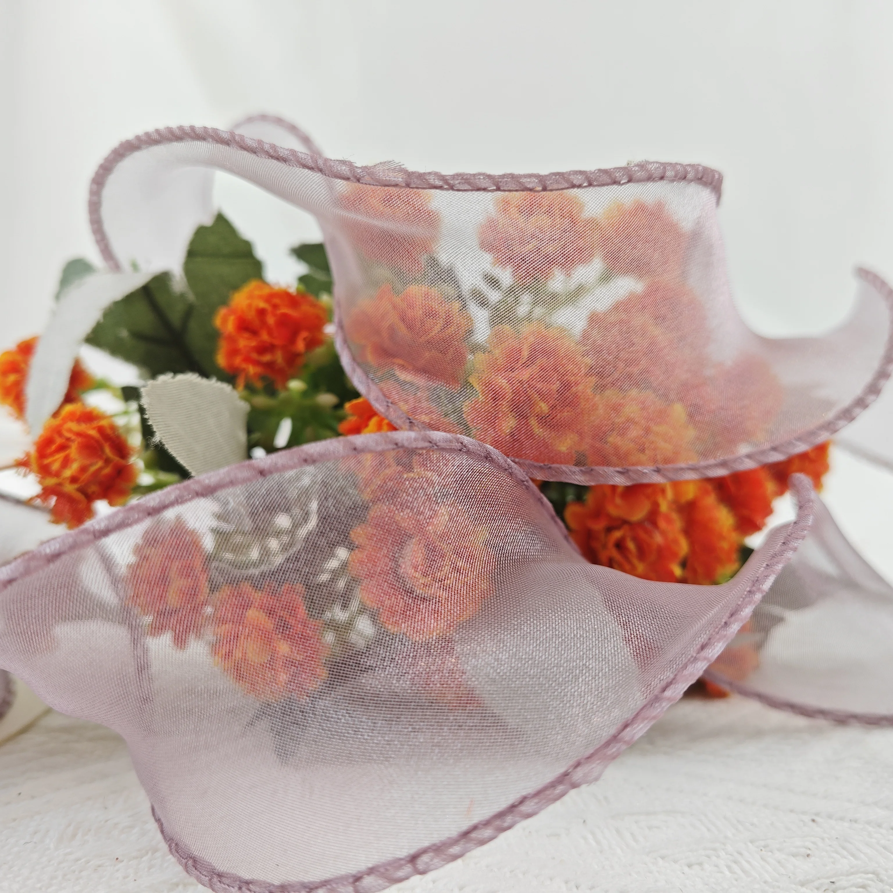 Custom Hologram Sheer Chiffon Silk White Pink Yellow Organza Ribbon For Wedding Bouquets Wrapping