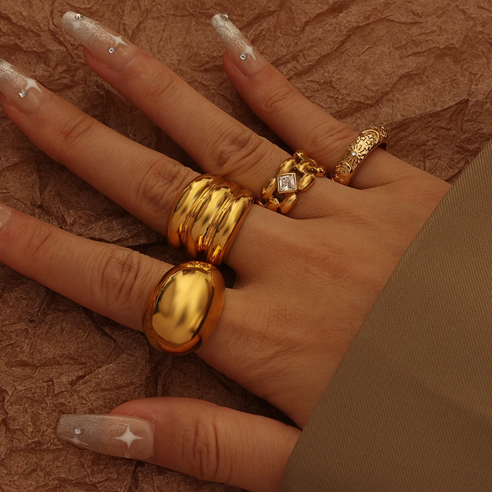 New Trend 2023 Simple Design Hypoallergenic Stainless Steel 18k Solid Gold Plated Triple Layer Cuff Chunky Rings