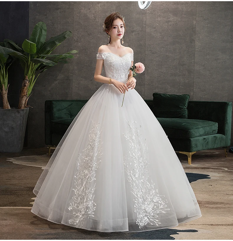 Дешевое свадебное платье с открытыми плечами большого размера с вырезом лодочкой длиной до пола ТРАПЕЦИЕВИДНОЕ бальное платье Свадебные платья