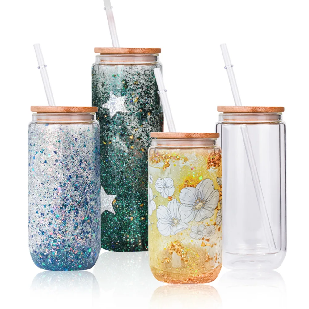 20oz skinny straight snow globe glitter double wall straight glass tumbler with bamboo lid and straw For glitter
