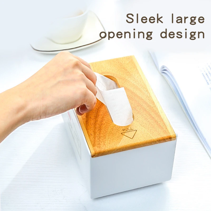 High quality plastic tissue box with wooden bamboo cover lid napkin organizer container tissue box for home