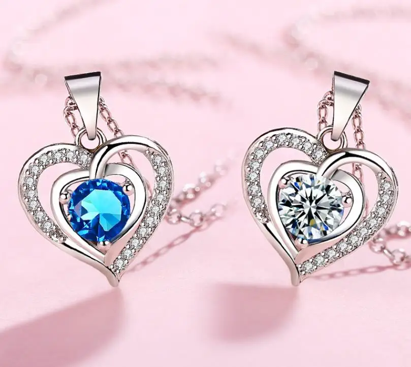 Fashion Exquisite Zircon Jewelry Set  Heart Birthstone Necklace And Earring  Accessory Set For Women Ladies