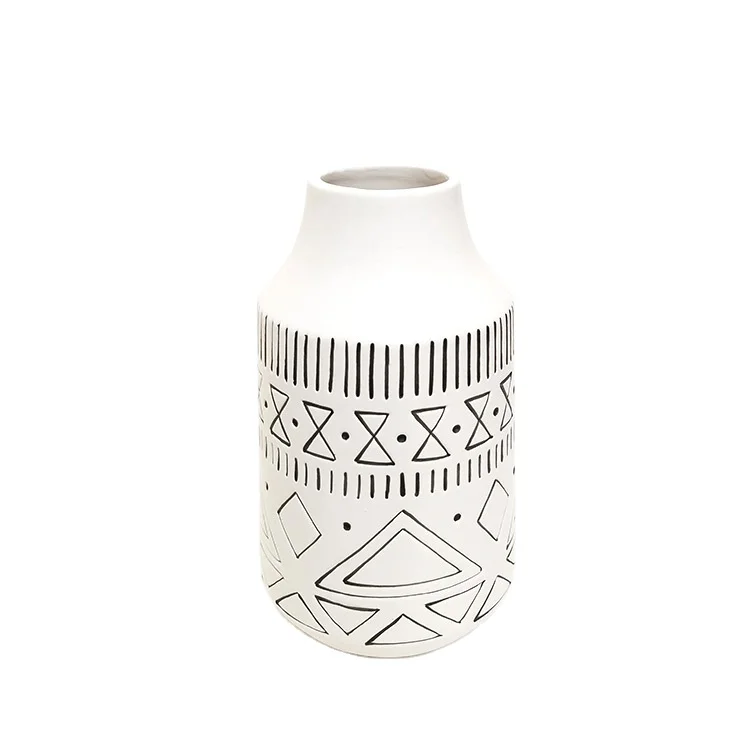 Nordic New Modern Conical Ceramic Black White Line Geometric Porcelain Vase Living Room Art Creative Home Decoration Flower Vase