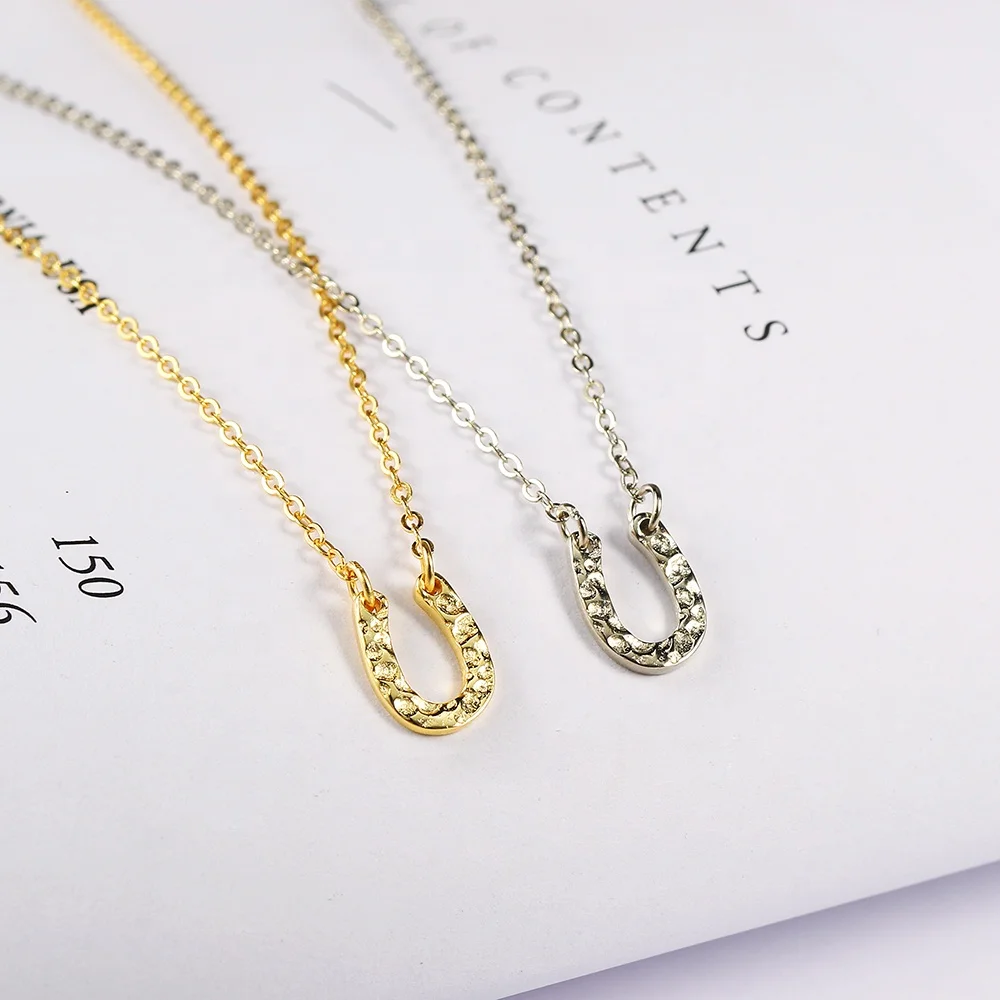 INS Style S925 Sterling Silver Jewelry Hammered Letter U Shape Horseshoe Pendant Necklace EMNL044
