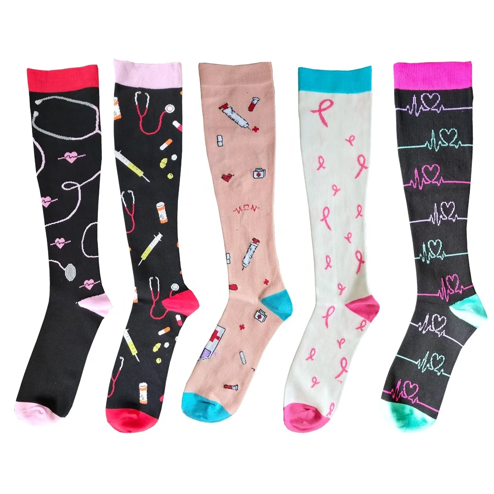 Custom 15-20mmhg casual nylon elastic knee high sports spandex women compression socks for nurses