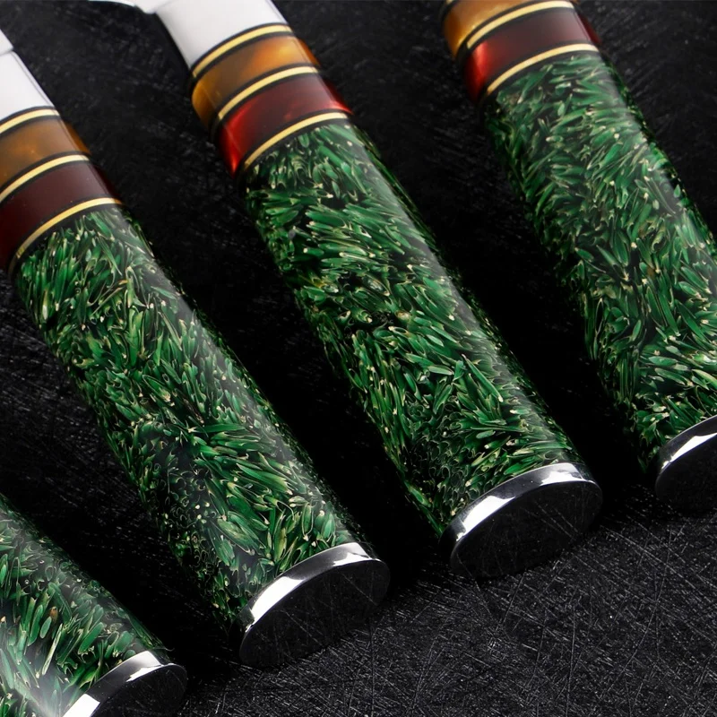 Green Resin Handle Damascus Steel Chef Knife Set De Cuchillos Damascus Kitchen Knife Sets knifes chef