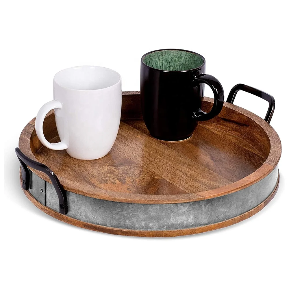 
Wooden Serving Tray with Handles Iron Accents Round Barrel Top Breakfast Trays Tea Cheese Board Coffee Table Decor Natural Wood 