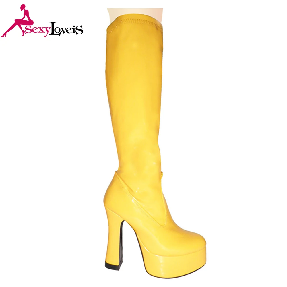 Classical design big size  women knee heel boots chunky High heel Gogo boots women cheerleaders dancing boots for women