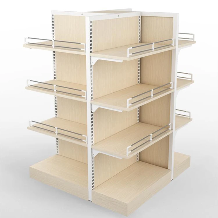 Meicheng 4 Side Supermarket Promotion Display Counter Wood Display Shelves For Retail Stores Cosmetic Supermarket Shelves